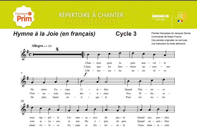 Ode à La Joie Et Hymne Européen En Français Et En Allemand ...